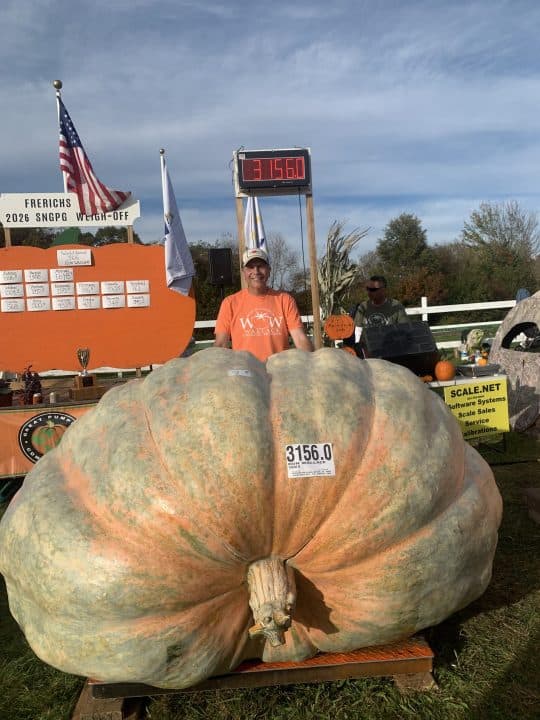 Ron Wallace smiles from behind his pumpkin, which is wider than he is tall and sits on a wooden pallet.