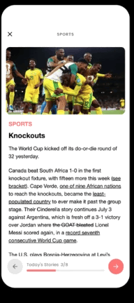 A news story in the app, summarized in plain language with the sources linked inline