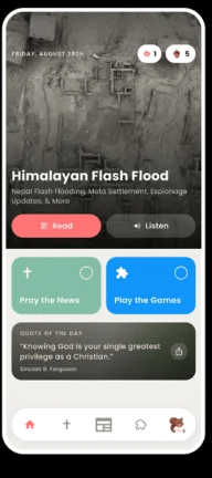 The Pour Over app open to the day's top story, with buttons to read it, listen to it, pray through the news or play the games