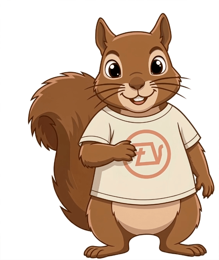 Shadrach, The Pour Over's squirrel mascot, smiling in a cream TPO logo T-shirt
