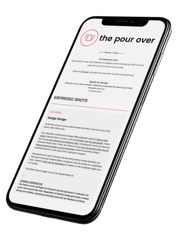 The Pour Over newsletter shown on a phone