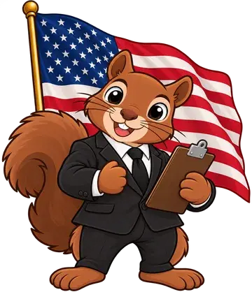 Shadrach the squirrel in a suit, holding a clipboard in front of an American flag