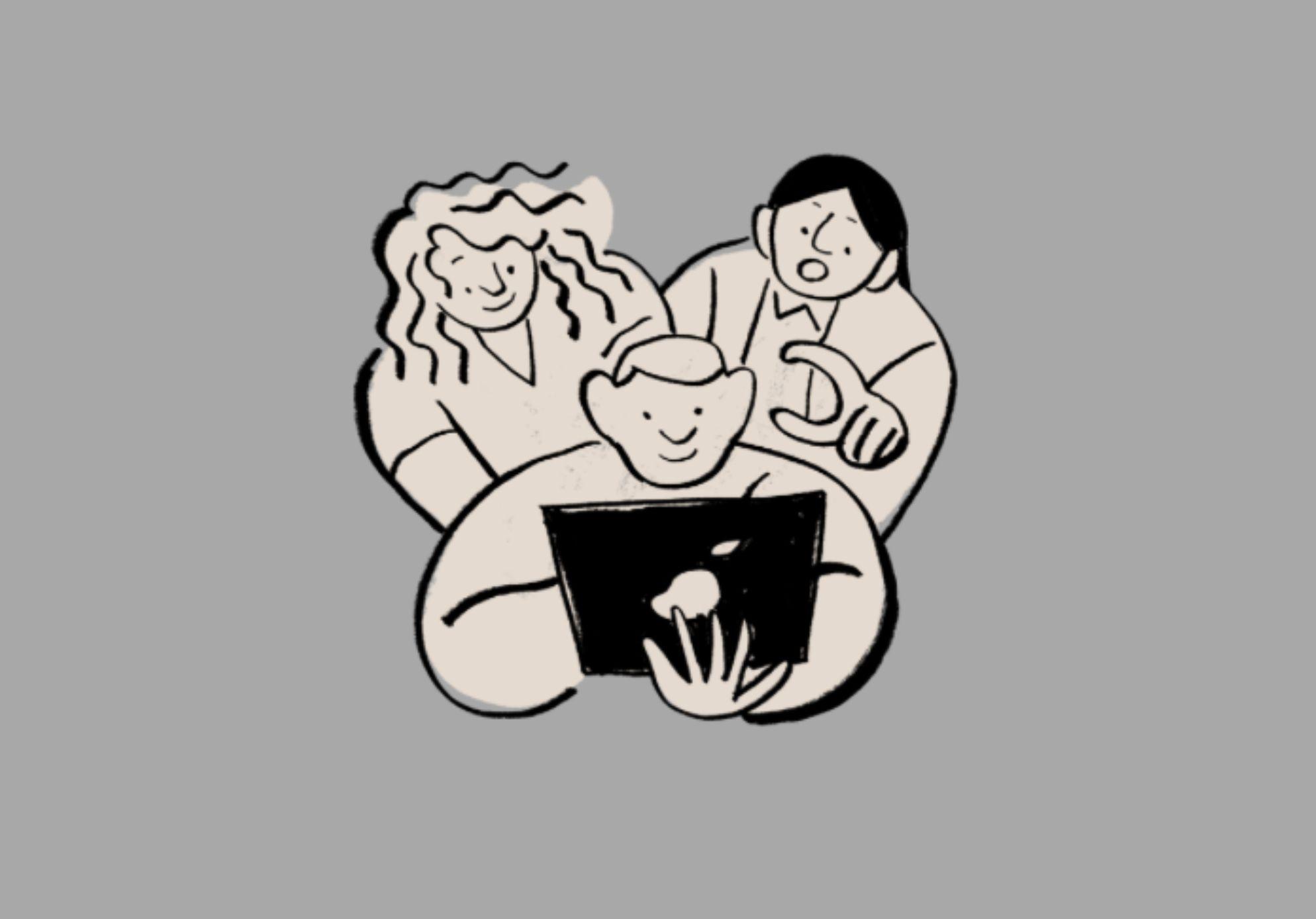 Three figures reading on a laptop