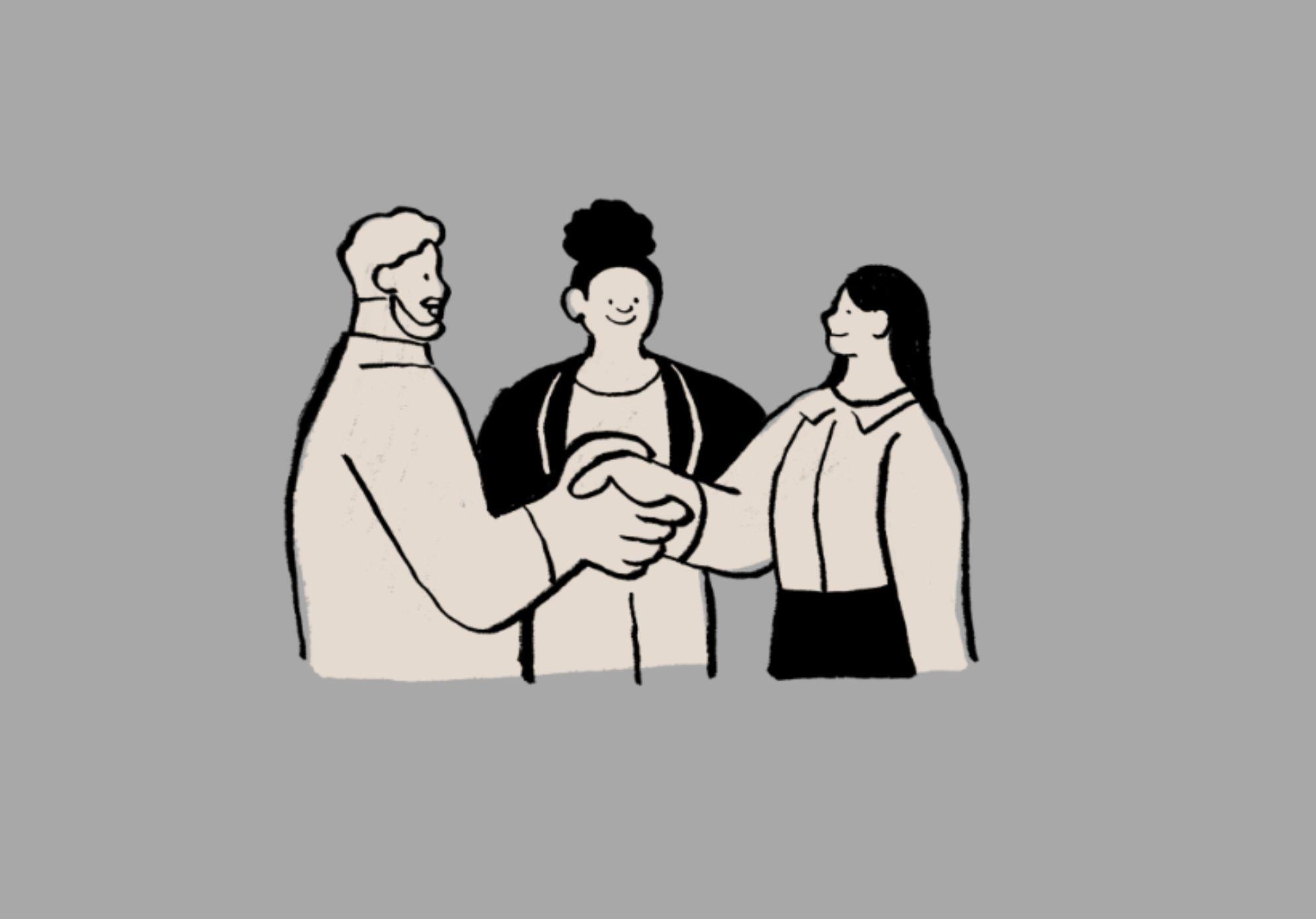 Three figures shaking hands