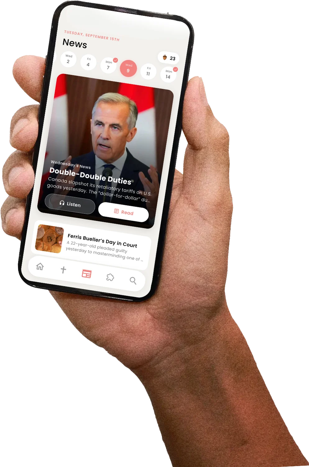 A hand holding a phone showing the News screen in The Pour Over app, with the top story, Double-Double Duties, and Listen and Read buttons