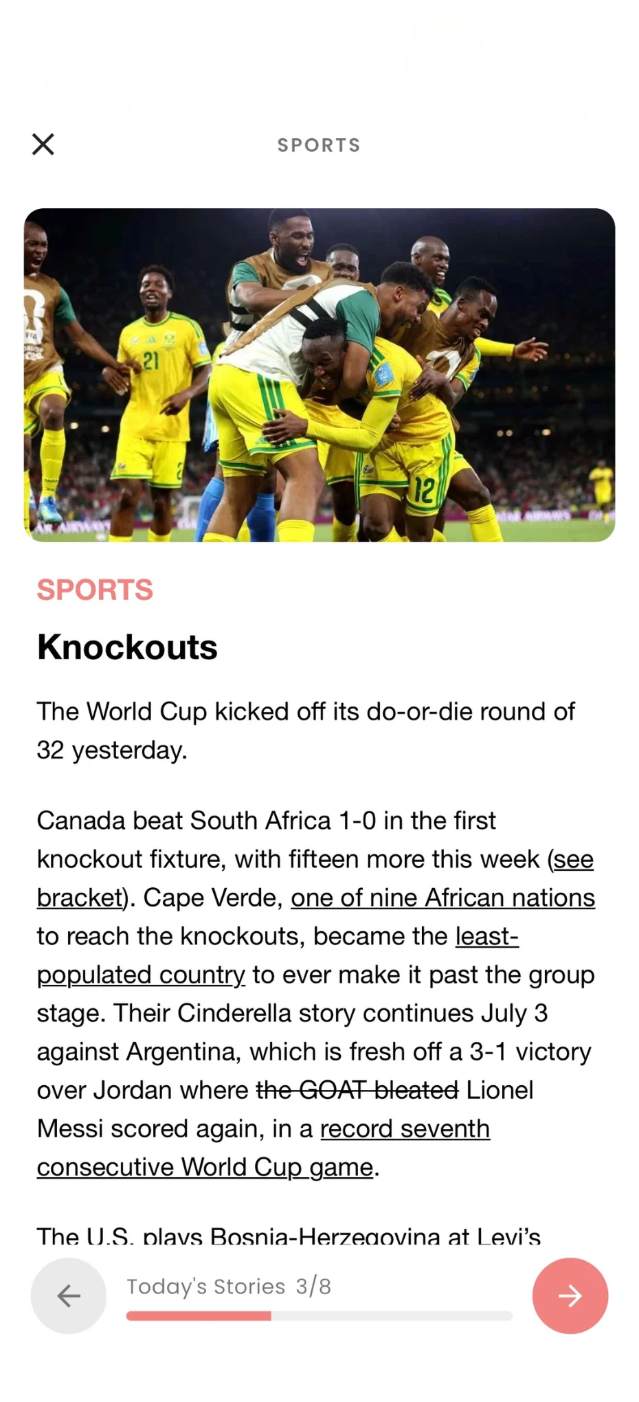 A story screen in the app summarizing a World Cup headline, with a Today's Stories pager at the bottom