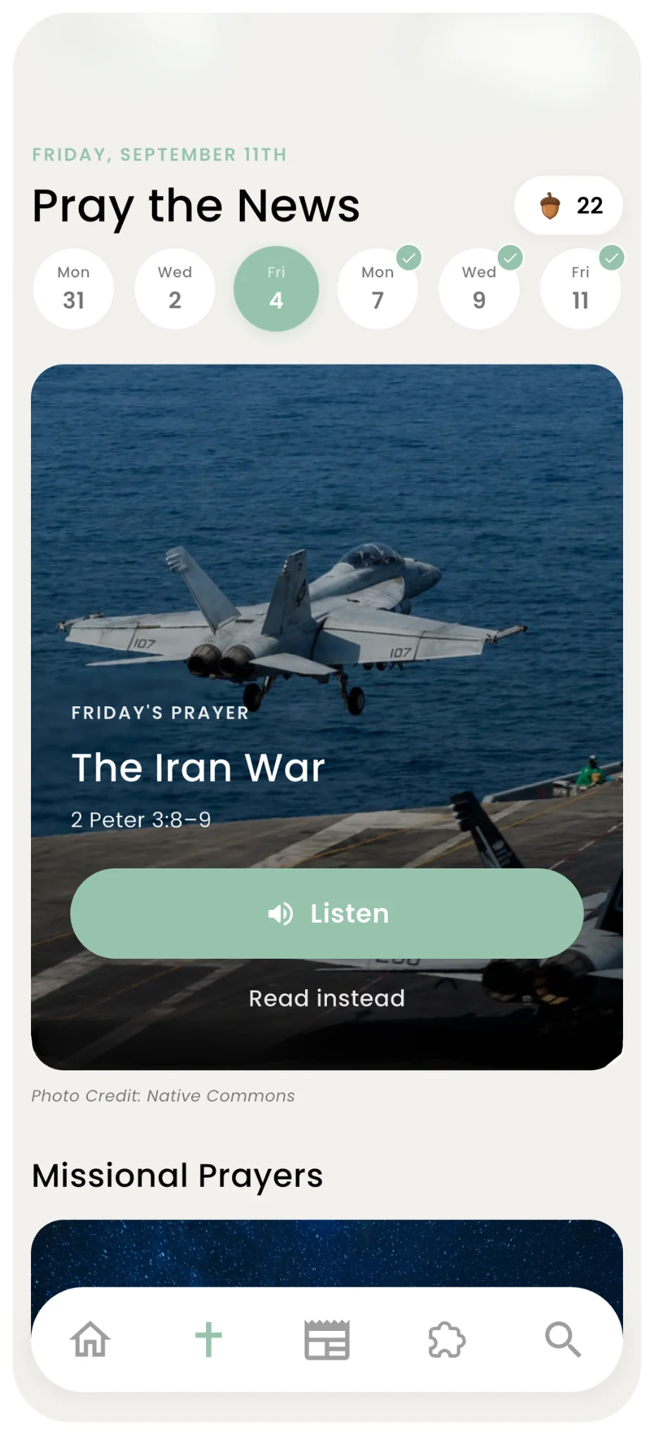 The Pray the News screen showing Friday's prayer, The Iran War, with a Listen button