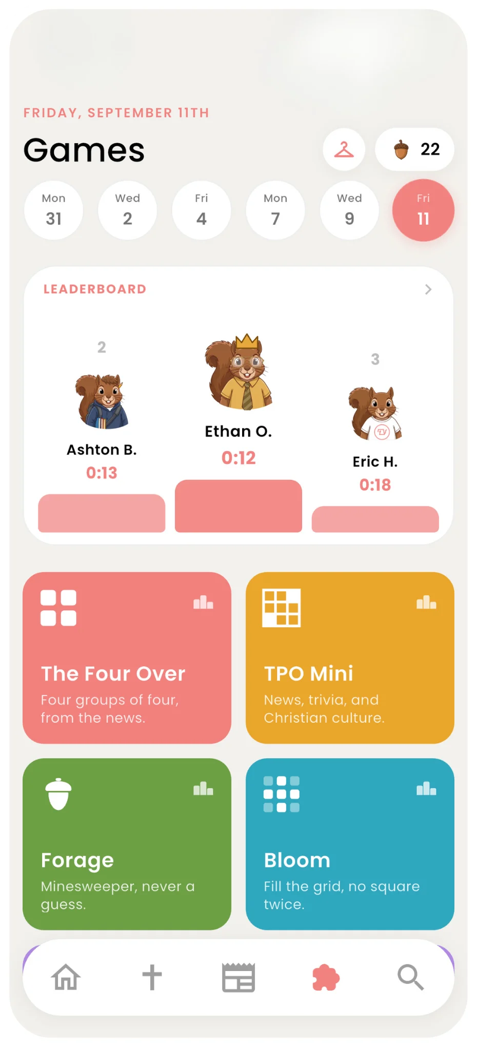 The Games screen showing a squirrel leaderboard and four game tiles