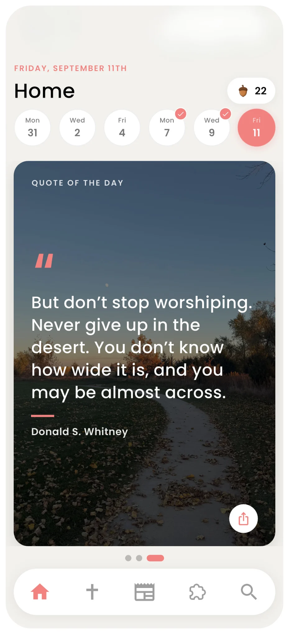 The Home screen showing the quote of the day over a photograph